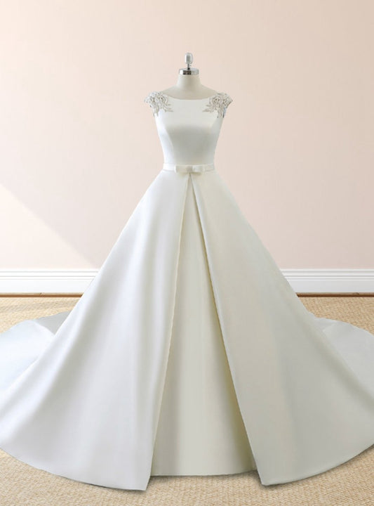 Satin Cap Sleeve Lace-Up Wedding Dresses with Pearls