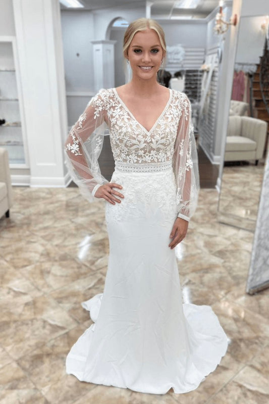 Mermaid Deep V Neck Illusion Sleeves Appliques Long Wedding Dresses