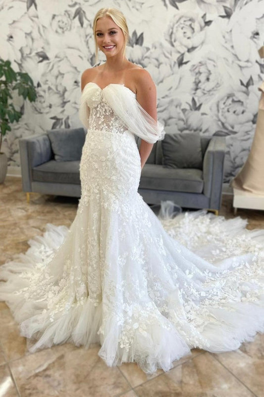 Tulle Appliques Off-the-Shoulder Mermaid Long Wedding Dresses