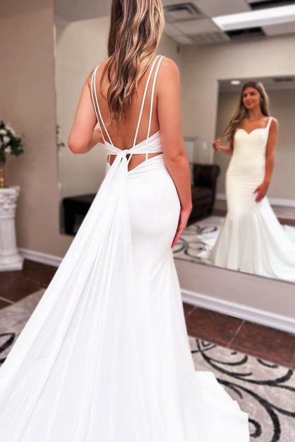 Sweetheart Backless Mermaid Long Wedding Dresses with Attached Train