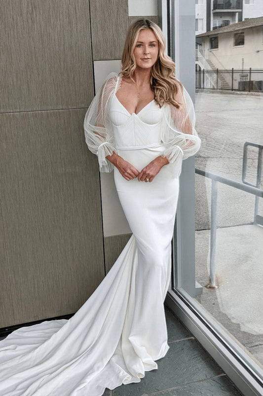 Illusion Bell Sleeves V Neck Mermaid Long Wedding Dresses