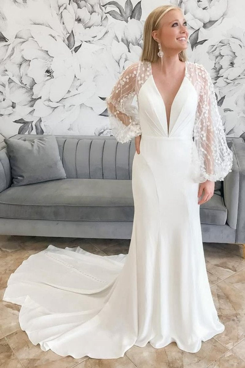 Plunge V Mermaid Long Wedding Dresses with Balloon Sleeves