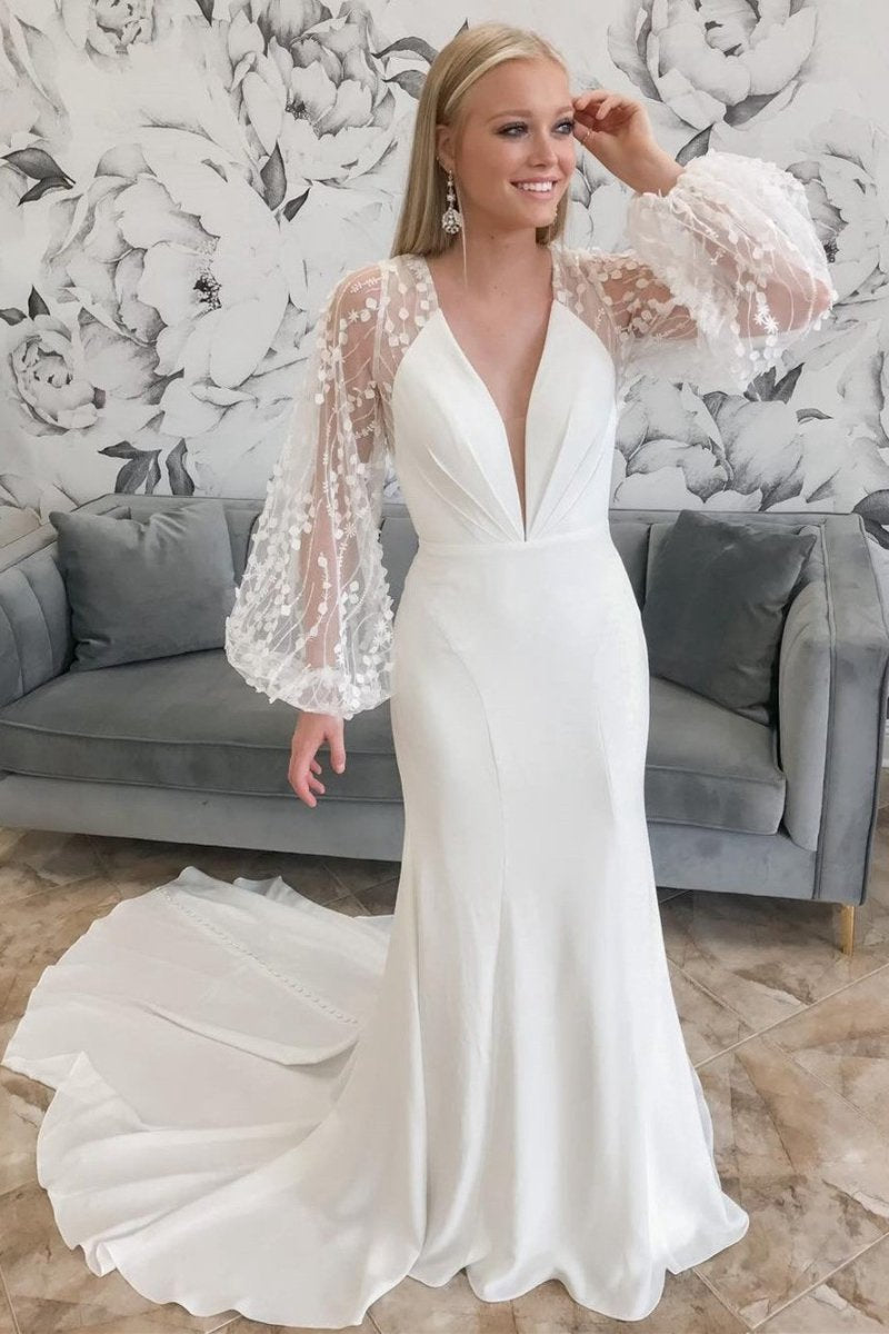 Plunge V Mermaid Long Wedding Dresses with Balloon Sleeves