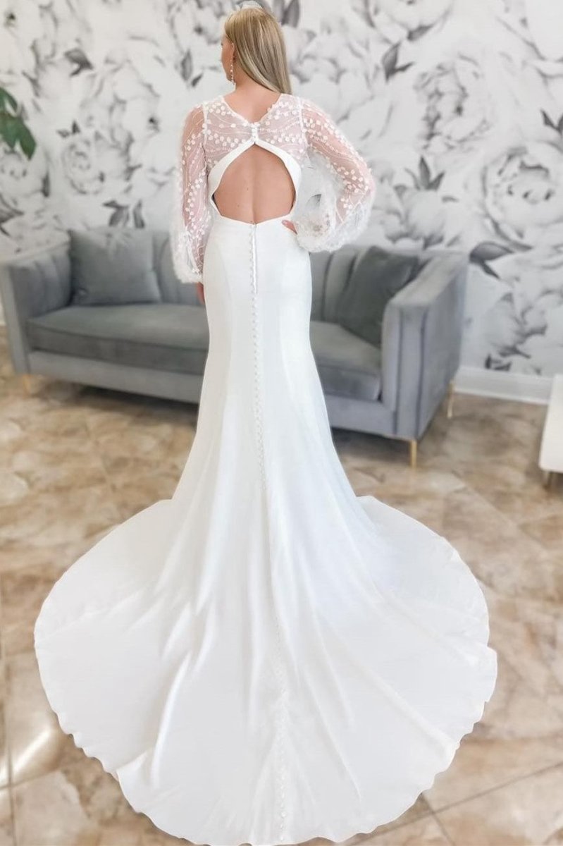 Plunge V Mermaid Long Wedding Dresses with Balloon Sleeves