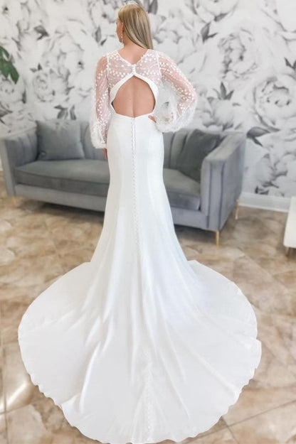 Plunge V Mermaid Long Wedding Dresses with Balloon Sleeves