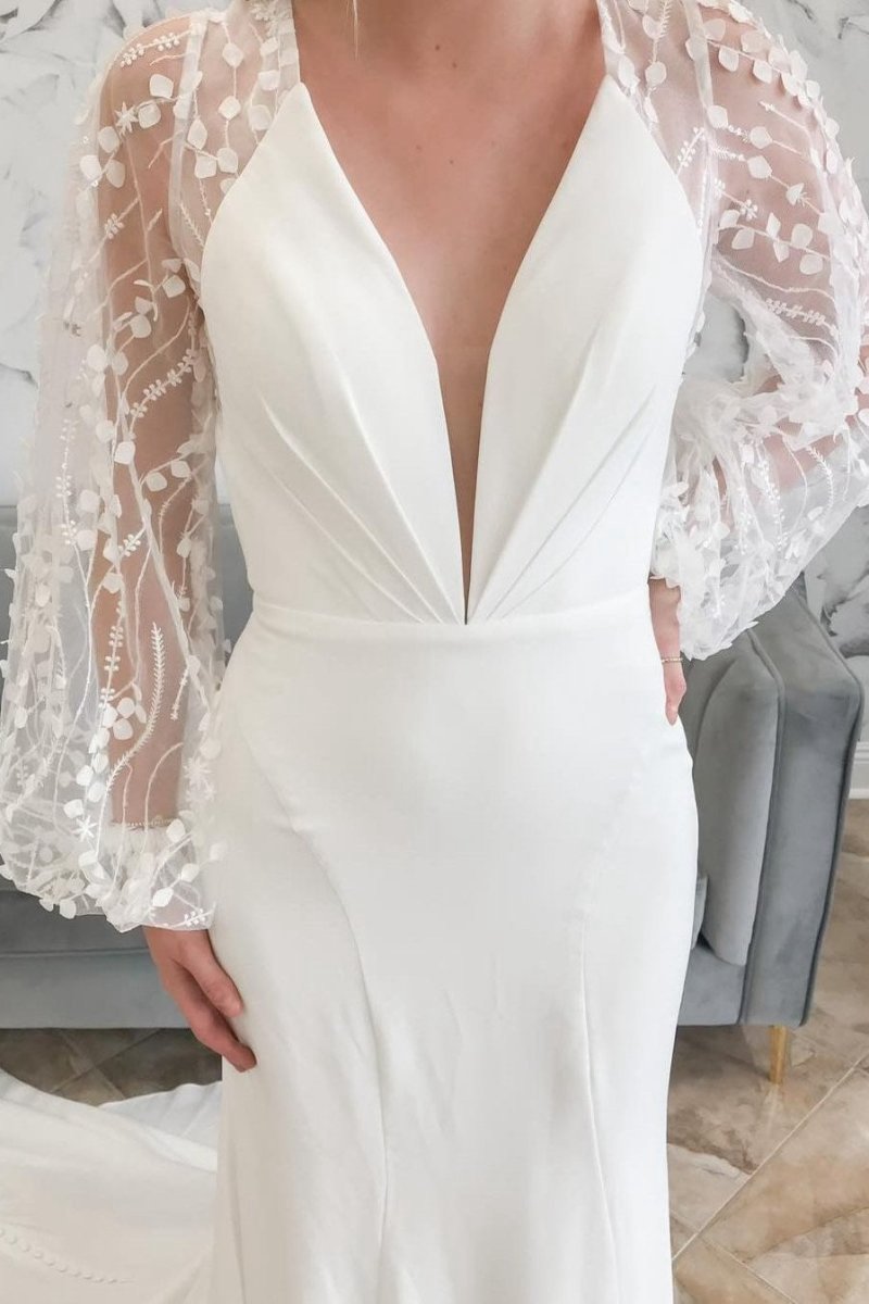 Plunge V Mermaid Long Wedding Dresses with Balloon Sleeves