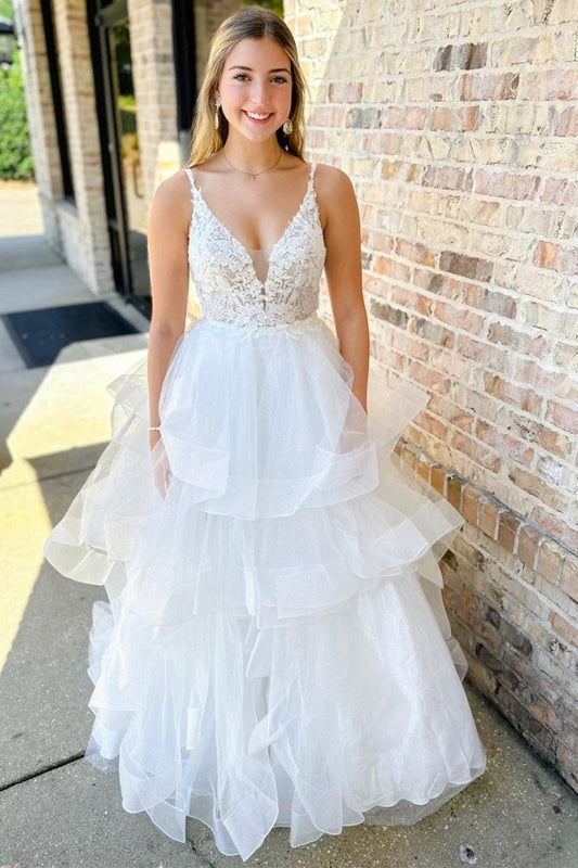 Appliques Backless Multi-Layer Long Wedding Dresses