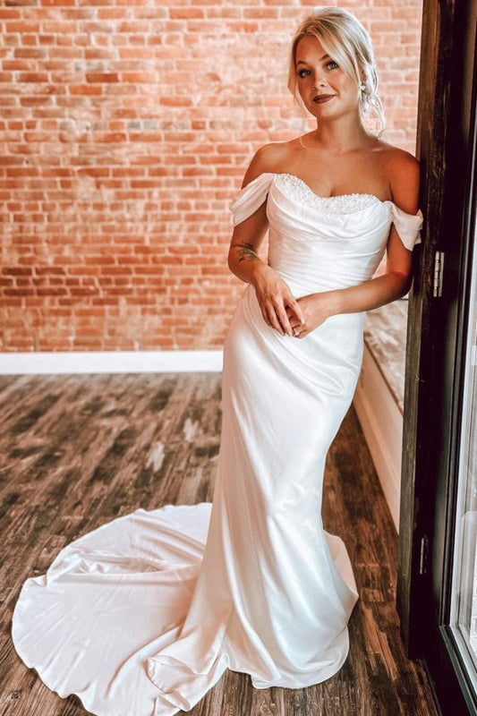 Pearls Off-the-Shoulder Mermaid Long Wedding Dresses