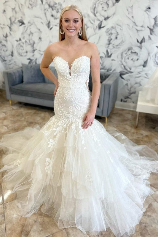 Appliques Multi-Layer Trumpet Long Wedding Dresses
