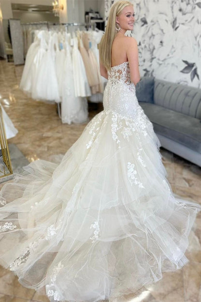 Appliques Multi-Layer Trumpet Long Wedding Dresses