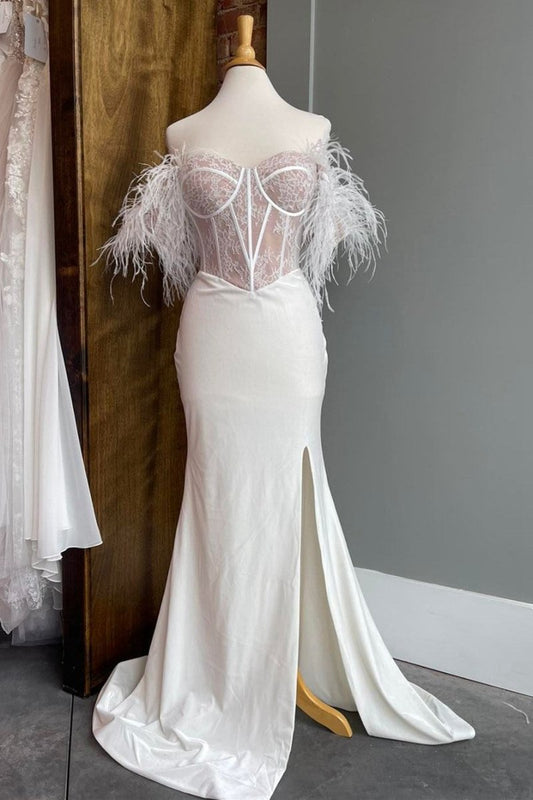 Sweetheart Lace-Up Long Wedding Dresses with Feathers