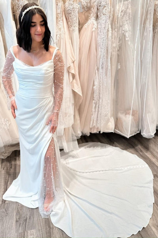 Pearls Long Sleeve Mermaid Long Wedding Dresses