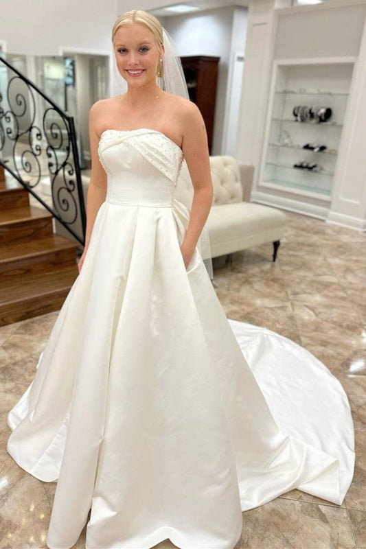 Strapless Bow-Back Pearls A-line Wedding Dresses