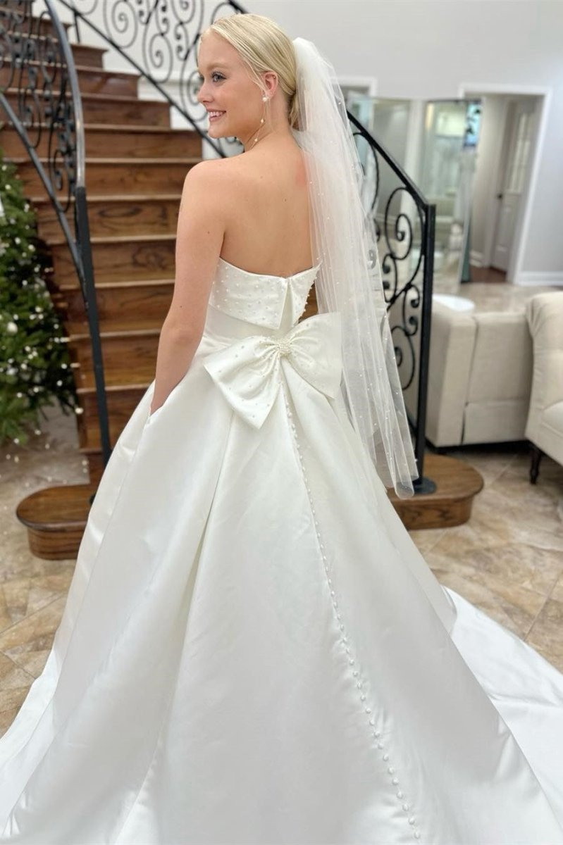 Strapless Bow-Back Pearls A-line Wedding Dresses