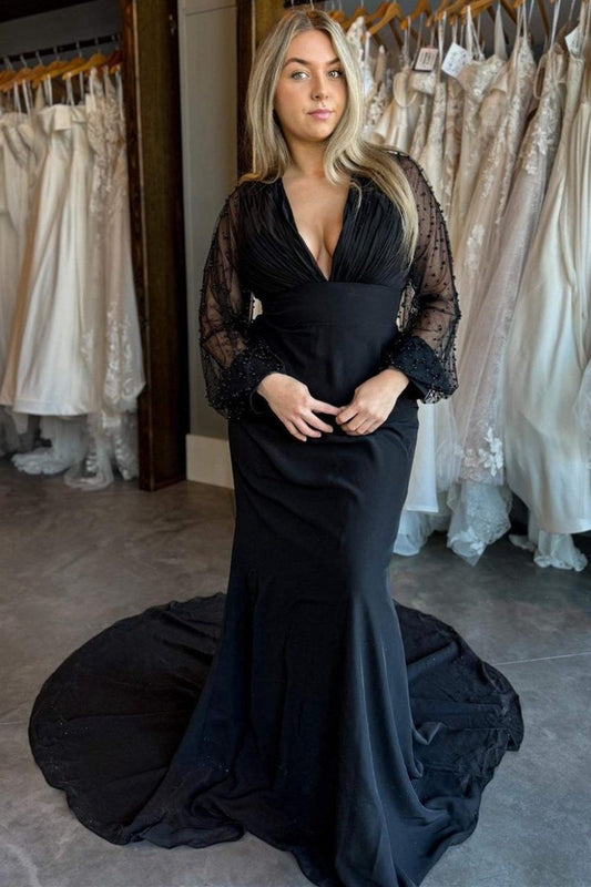 Beaded V-Neck Backless Long Wedding Dresses with Sleeves