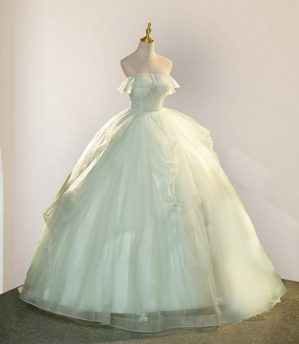 Elegant 3D Flowery Lace Sage Tulle Fairy Ball Gown