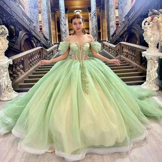 Sage Off Shoulder Beading Floral Appliqué Quinceanera Dresses