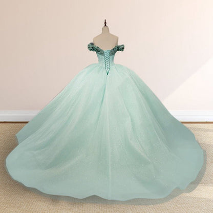 Mint Off the Shoulder Tulle Ball Gown Quinceanera Dresses