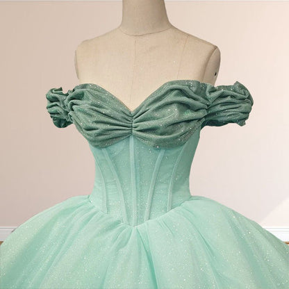 Mint Off the Shoulder Tulle Ball Gown Quinceanera Dresses
