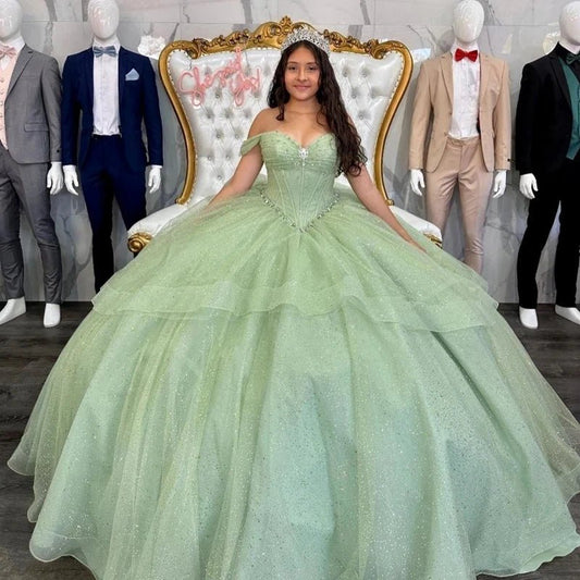 Sage Quinceanera Dresses Off-Shoulder Corset Dresses
