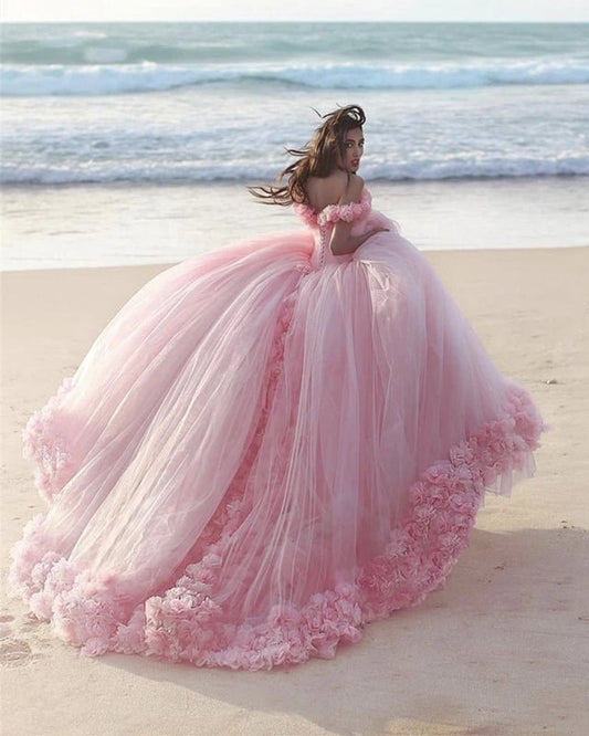 Off Shoulder Flowers Tulle Ball Gown Quinceanera Dresses