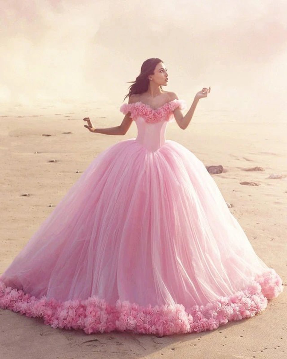 Off Shoulder Flowers Tulle Ball Gown Quinceanera Dresses