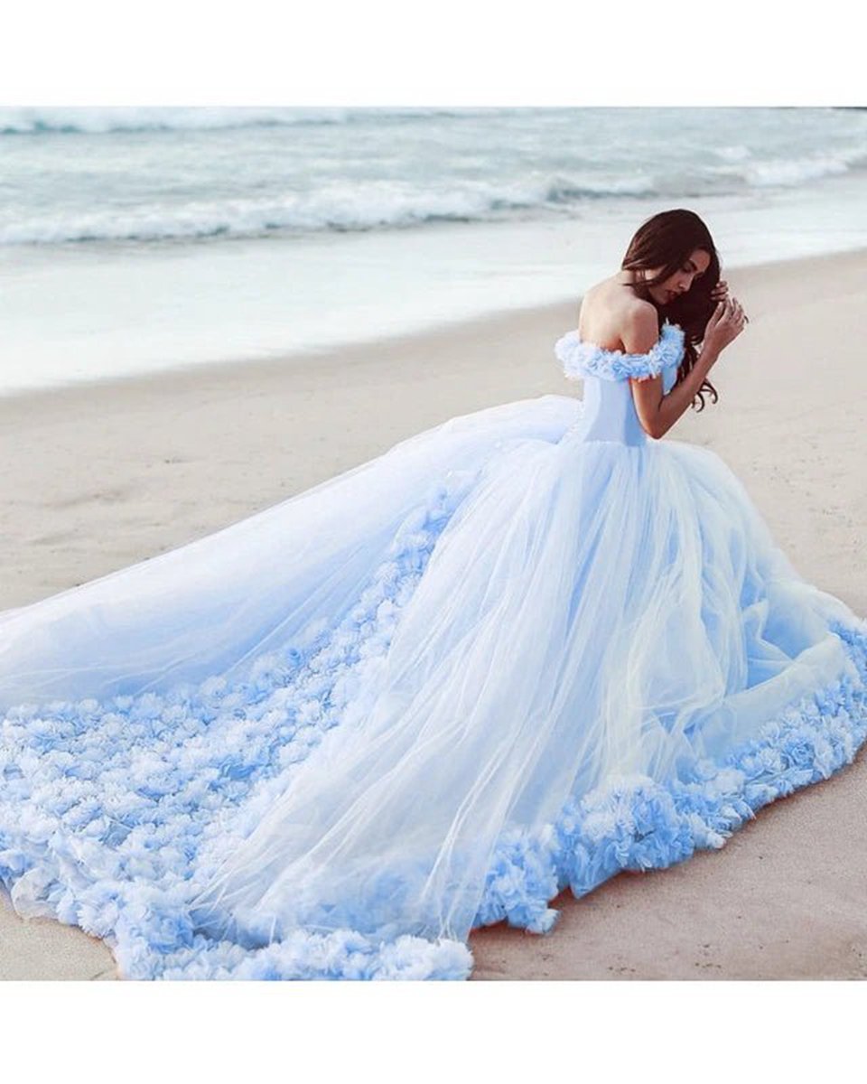 Off Shoulder Flowers Tulle Ball Gown Quinceanera Dresses