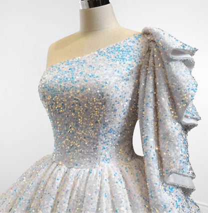 Glitter Sequined One Shoulder Ball Gown Quinceanera Dresses