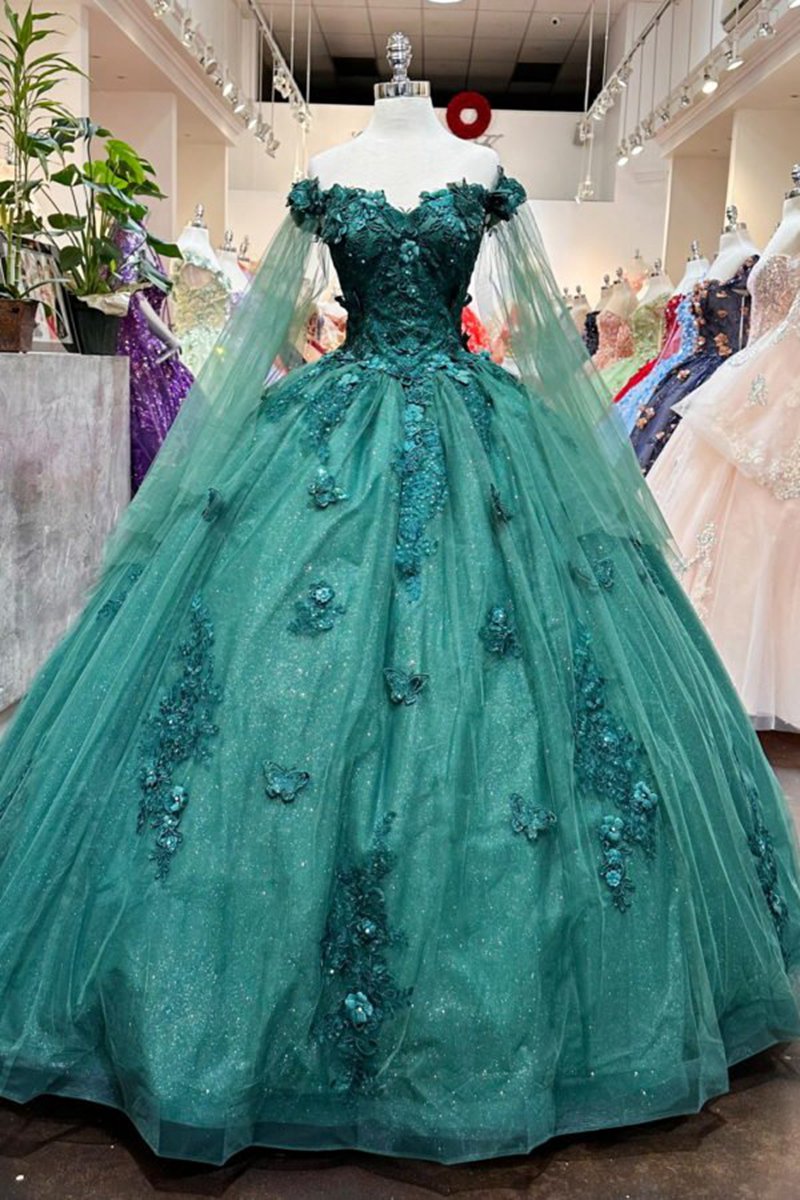 Long Sleeves 3D Flowers Quinceanera Dresses Appliqued