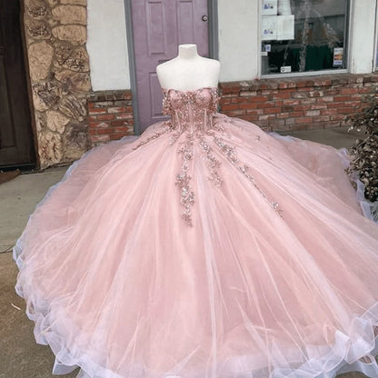Tulle Appliques Strapless Quinceanera Dresses