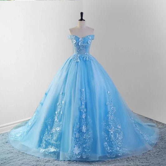 Lace Dresses 3D Flowers Quinceanera Dresses with Train