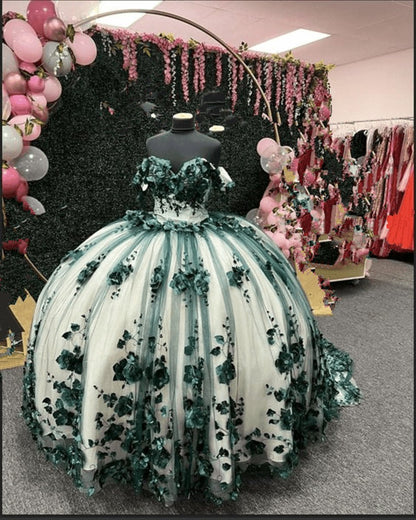Ball Gown Off Shoulder 3D Flowers Beads Applique Quinceanera Dresses