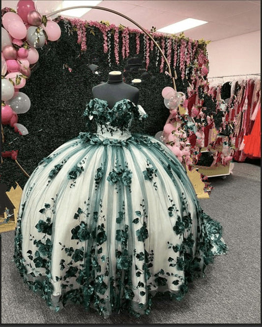 Ball Gown Off Shoulder 3D Flowers Beads Applique Quinceanera Dresses