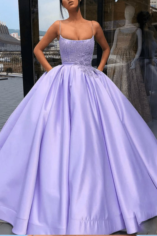 Ball Gown Spaghetti Straps Satin Dresses with Pocket Quinceanera Dresses