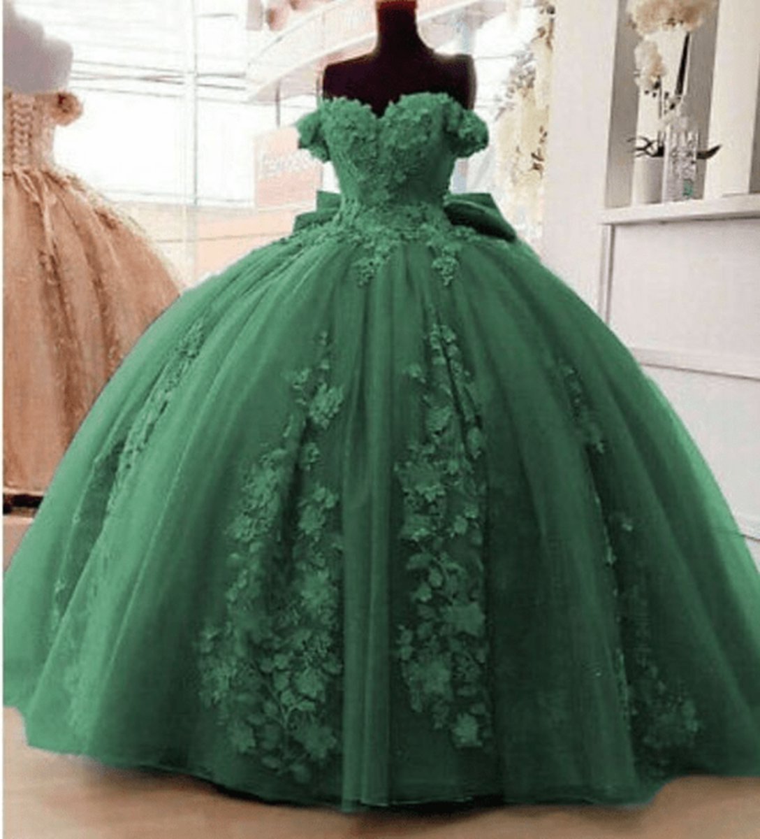 Off Shoulder 3D Floral Applique Quinceanera Dresses