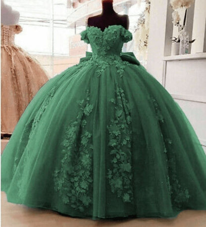 Off Shoulder 3D Floral Applique Quinceanera Dresses