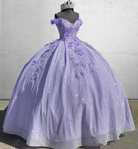 Off the Shoulder Sequin 3D Floral Quinceanera Dresses