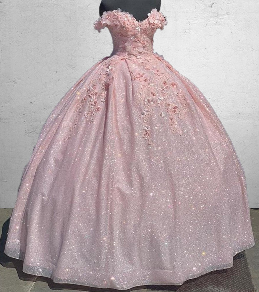 Off the Shoulder Sequin 3D Floral Quinceanera Dresses