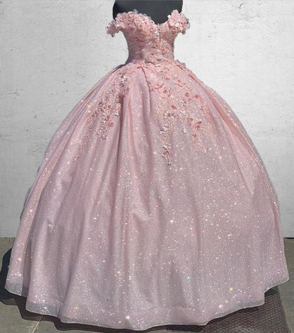 Off the Shoulder Sequin 3D Floral Quinceanera Dresses