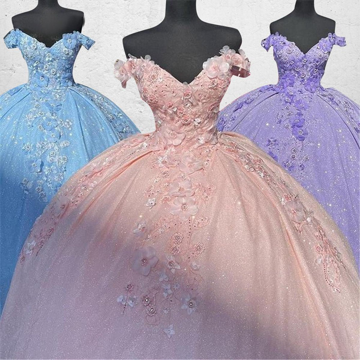 Off the Shoulder Sequin 3D Floral Quinceanera Dresses