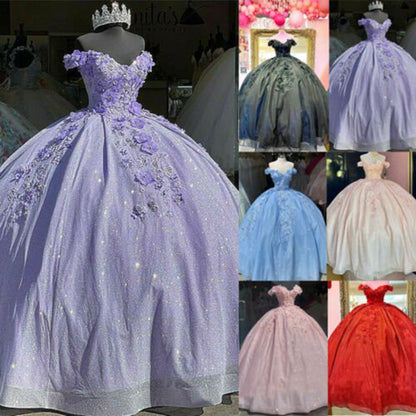 Off the Shoulder Sequin 3D Floral Quinceanera Dresses