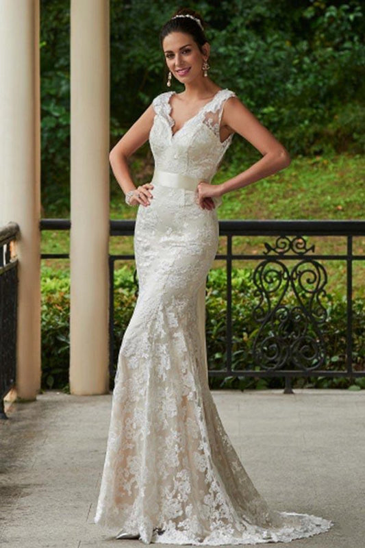Classic Mermaid V-Neck Lace Backless Wedding Bridal Dresses