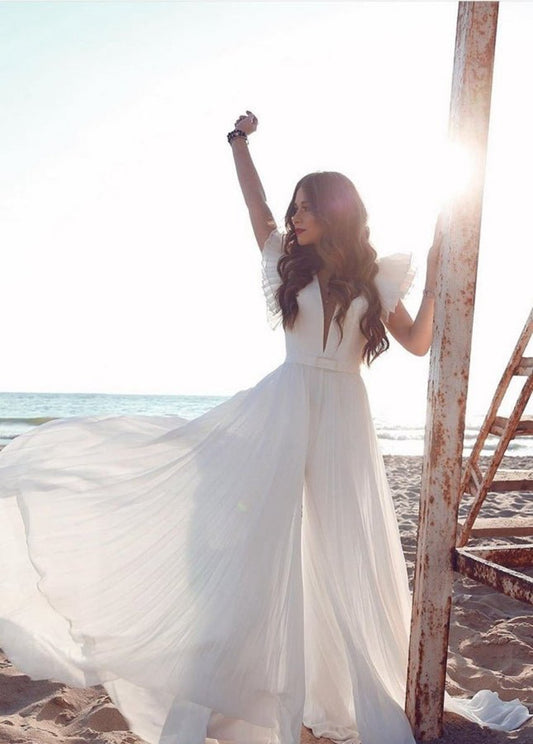 Chiffon A-line V-Neck Short Sleeves Summer Bridal Dresses