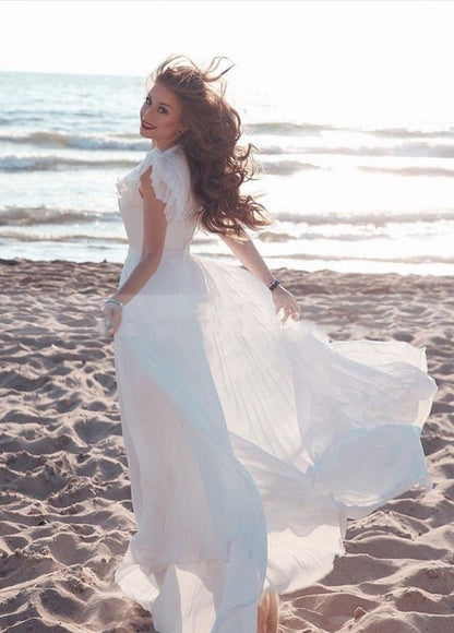 Chiffon A-line V-Neck Short Sleeves Summer Bridal Dresses