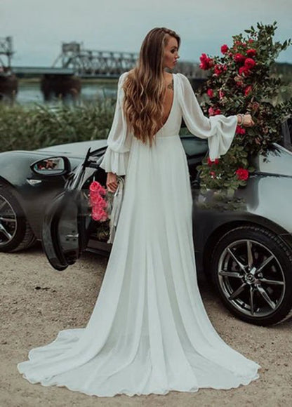 Chiffon A-line High Slit Beach Long-Sleeve V-Neck Romantic Wedding Dresses