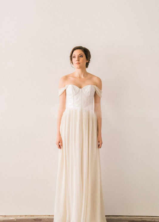 Chiffon A-line Off-the-Shoulder Backless Beach Wedding Dresses with Lace Bodice