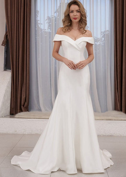Chic Satin Off the Shoulder Sleeveless Sweep-Train Bridal Dresses