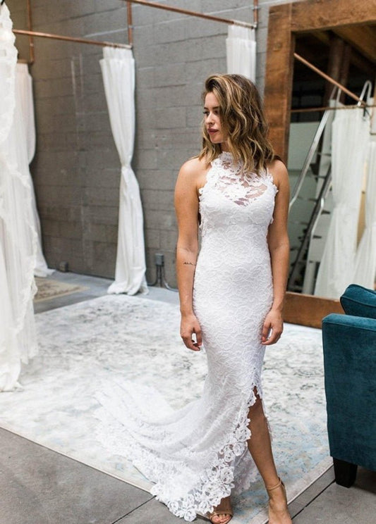 Boho Style Chic Mermaid Sleeveless Lace Appliques Wedding Dresses