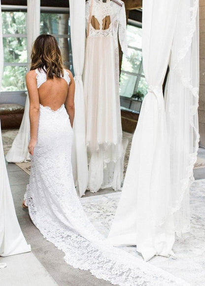 Boho Style Chic Mermaid Sleeveless Lace Appliques Wedding Dresses