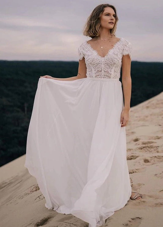 Boho See Through Lace V-Neck A-line Chiffon Wedding Dresses
